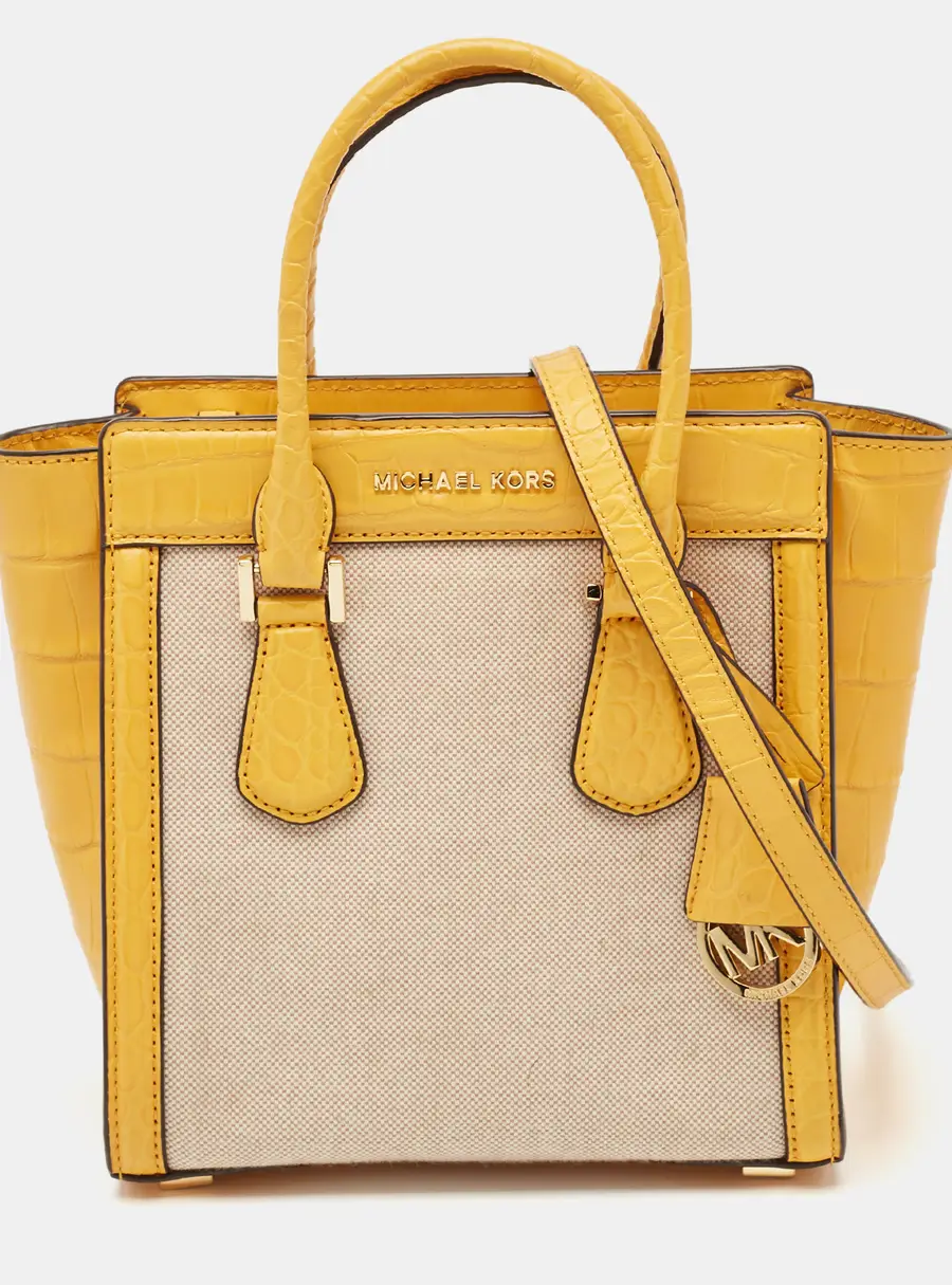 Michael Kors Colette Yellow Canvas and Croc Embossed Leather Tote Bag