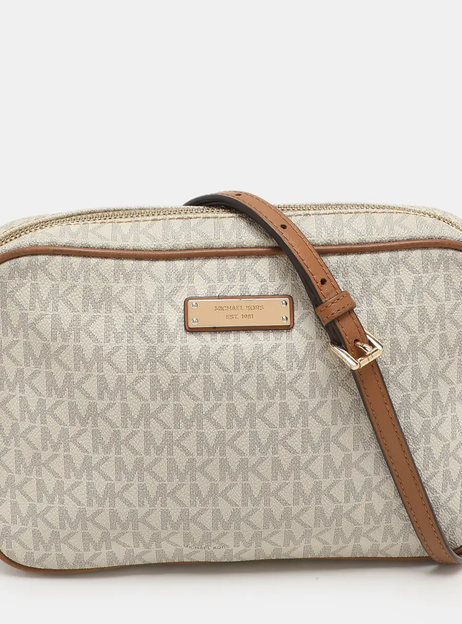 Michael Kors White Signature Coated Canvas Jet Set Travel Camera Crossbody Bag