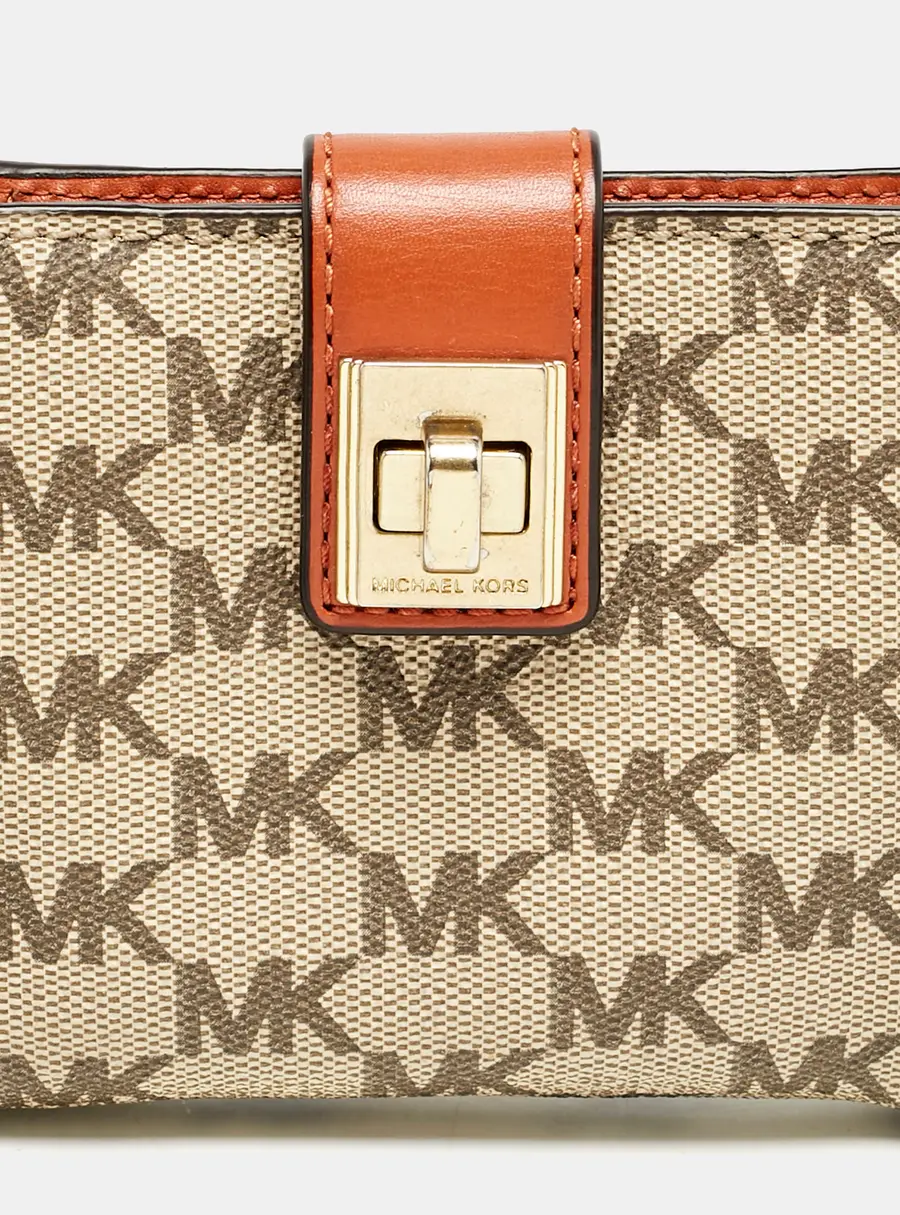 Michael Kors Beige/Orange Signature Coated Canvas Natalie Heritage Compact Wallet
