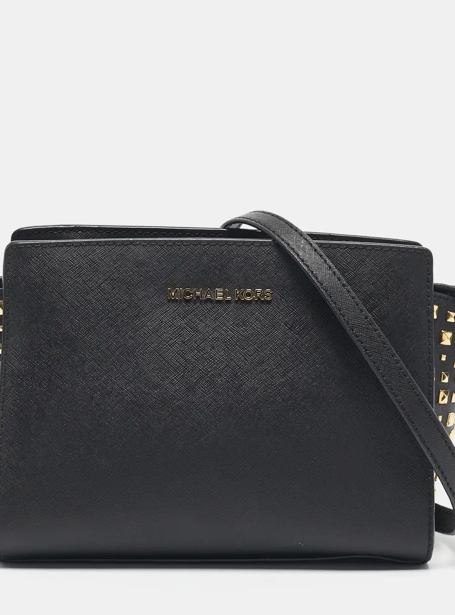 Michael Kors Black Leather Small Studded Selma Crossbody Bag