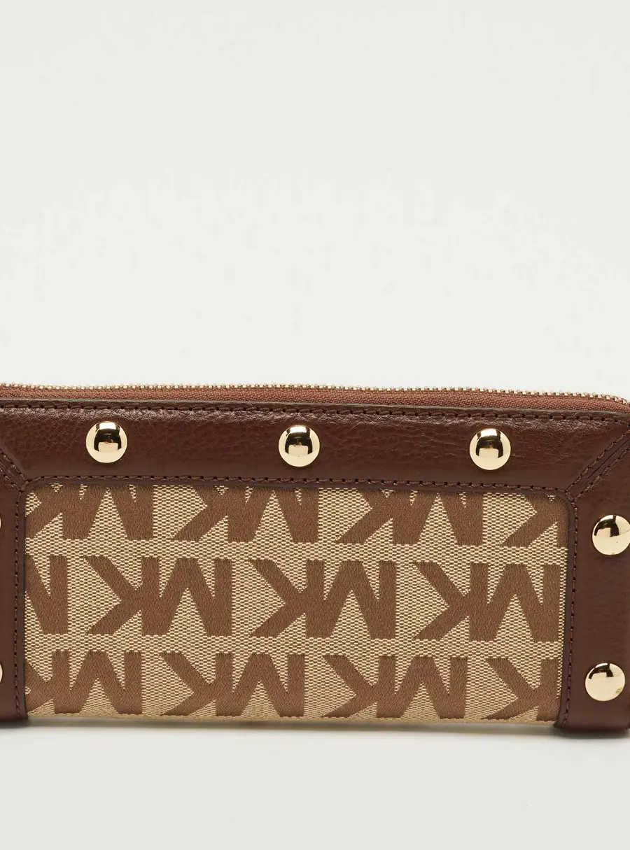 Michael Kors Beige/Dark Brown Signature Canvas and Leather Zip Around Wallet