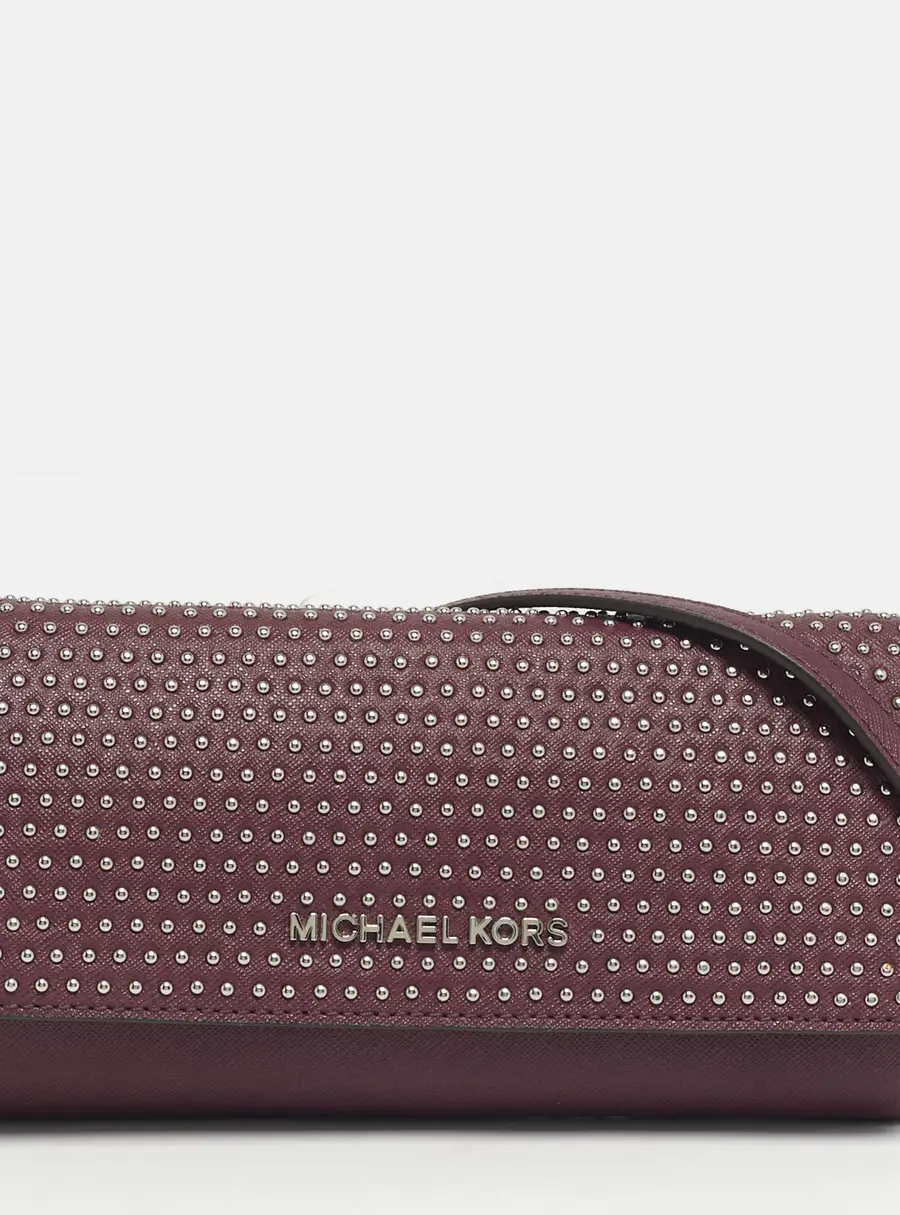 Michael Kors Plum Leather Studded Flap Wallet On Chain
