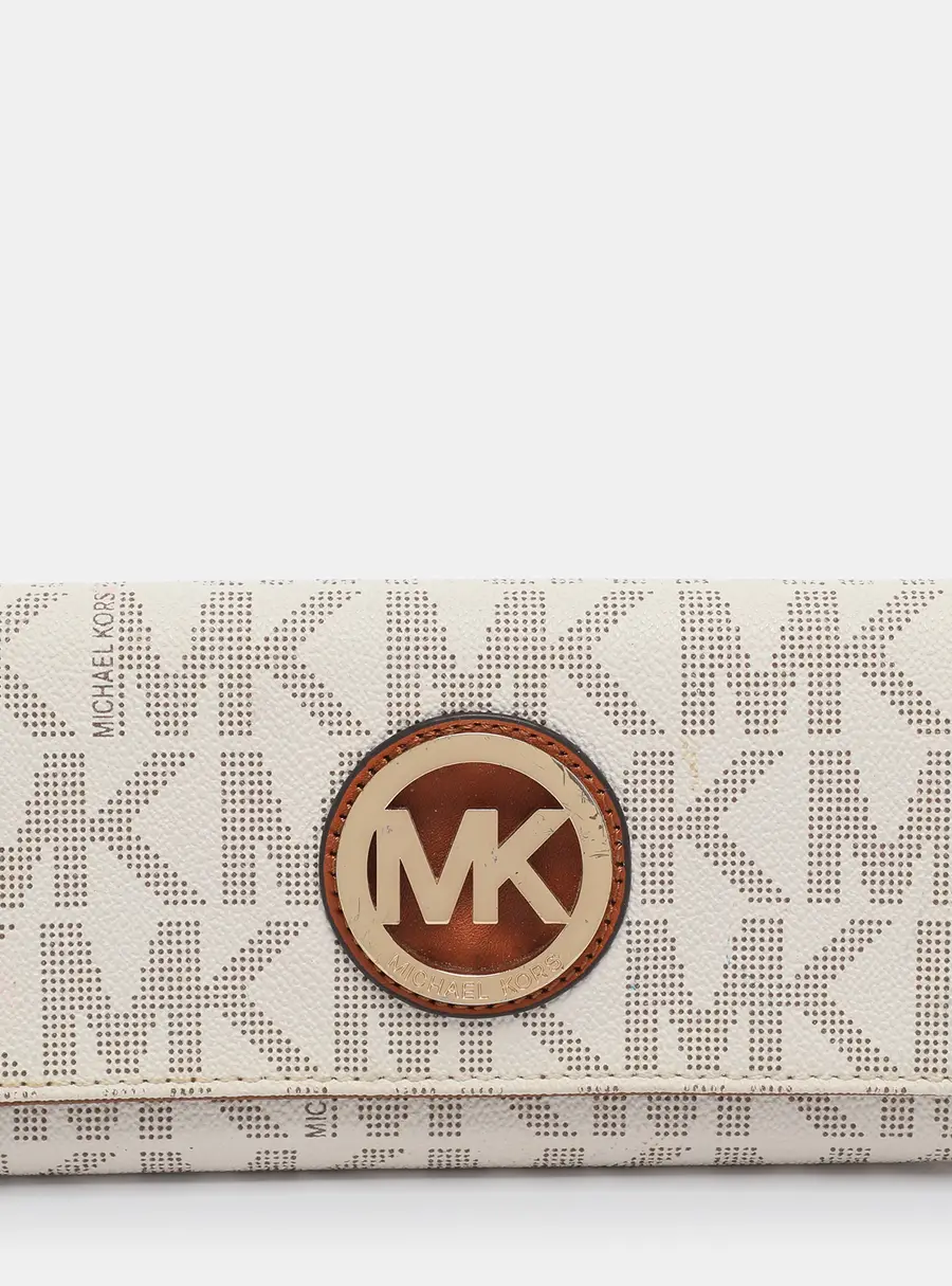 Michael Kors White/Brown Signature Coated Canvas and Leather Fulton Continental Wallet