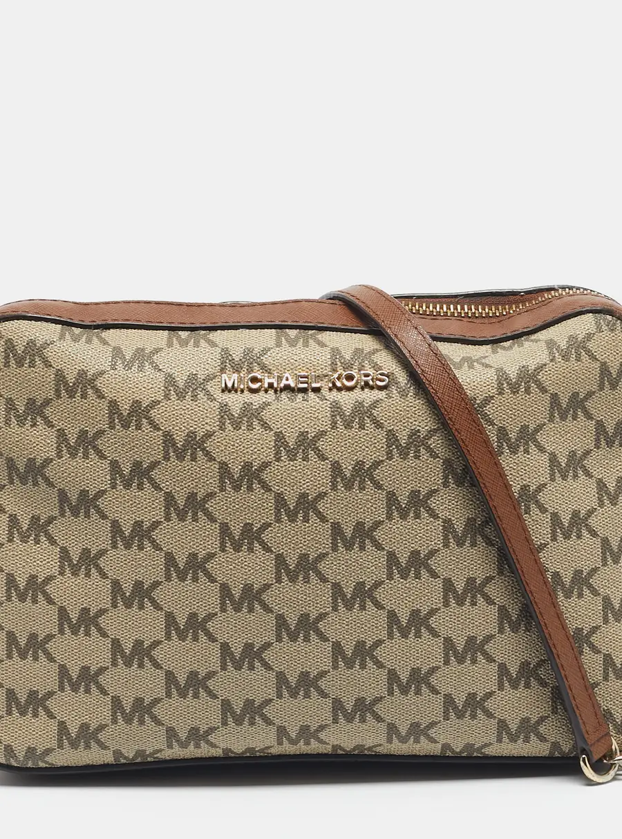 Michael Kors Brown/Beige Signature Coated Canvas and Leather Jet Set Camera Crossbody Bag
