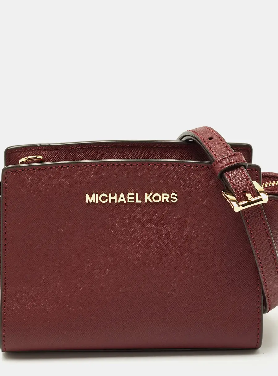 Michael Kors Burgundy Saffiano Leather Mini Selma Crossbody Bag