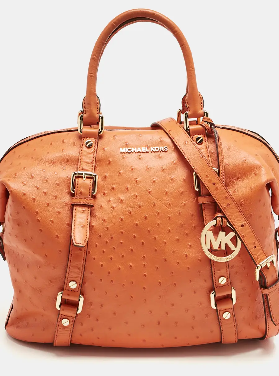 Michael Kors Orange Ostrich Embossed Leather Bedford Belted Satchel