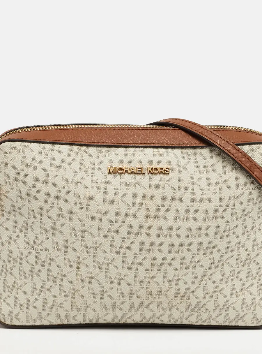 Michael Kors Jet Set Camera Brown/Off White Signature Coated Canvas and Leather Crossbody Bag