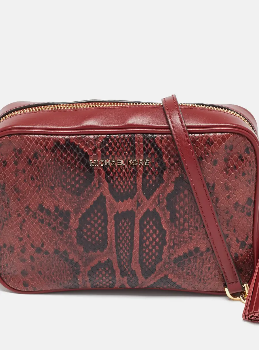 Michael Kors Red  Python Embossed and Leather Jet Set Tassel Camera Bag