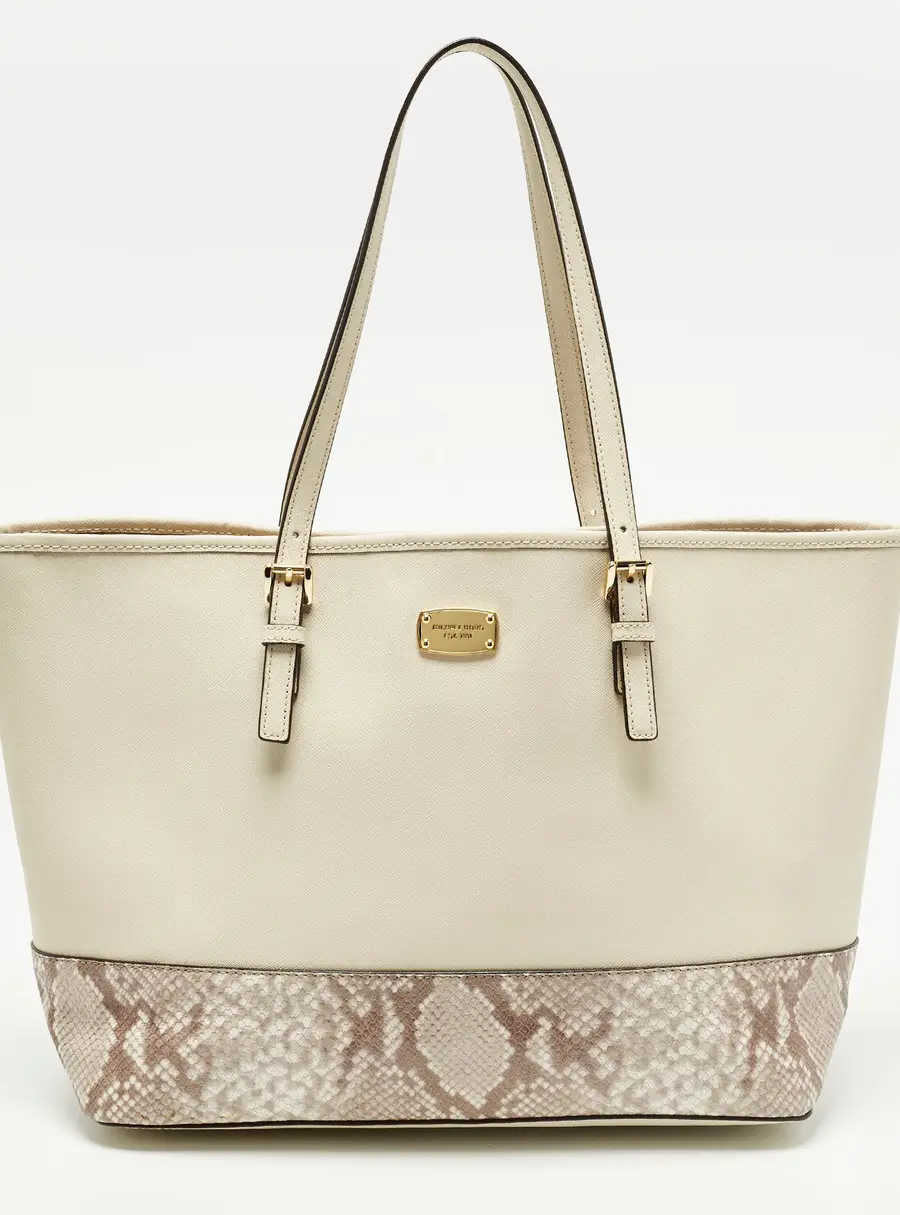 Michael Kors Jet Set Off White/Grey Python Embossed and Leather Tote