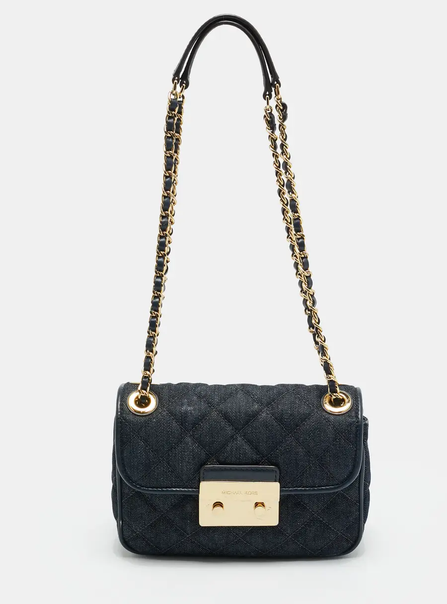 Michael Kors Sloan Small Navy Blue Quilted Denim Shoulder Bag