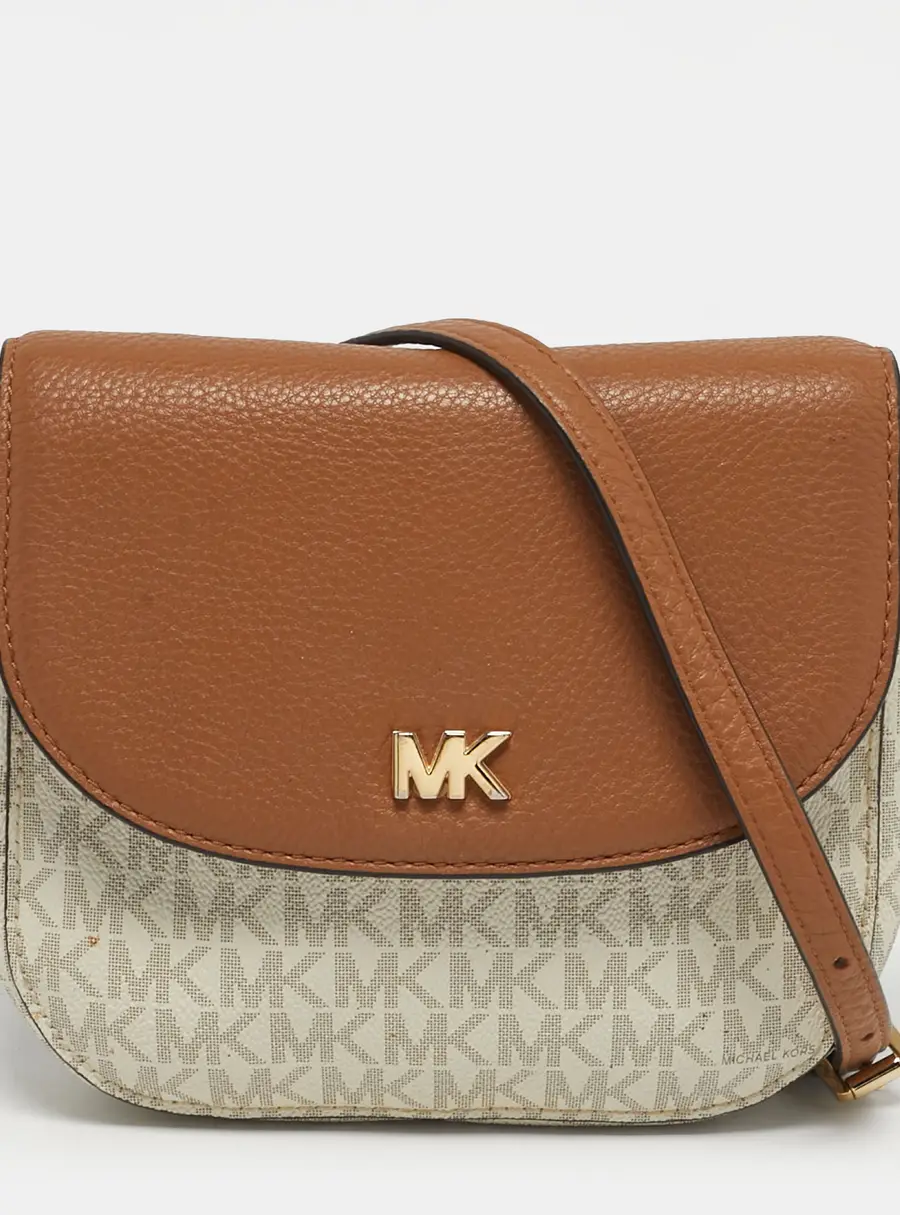 Michael Kors Mott Brown/White Signature Coated Canvas and Leather Crossbody Bag
