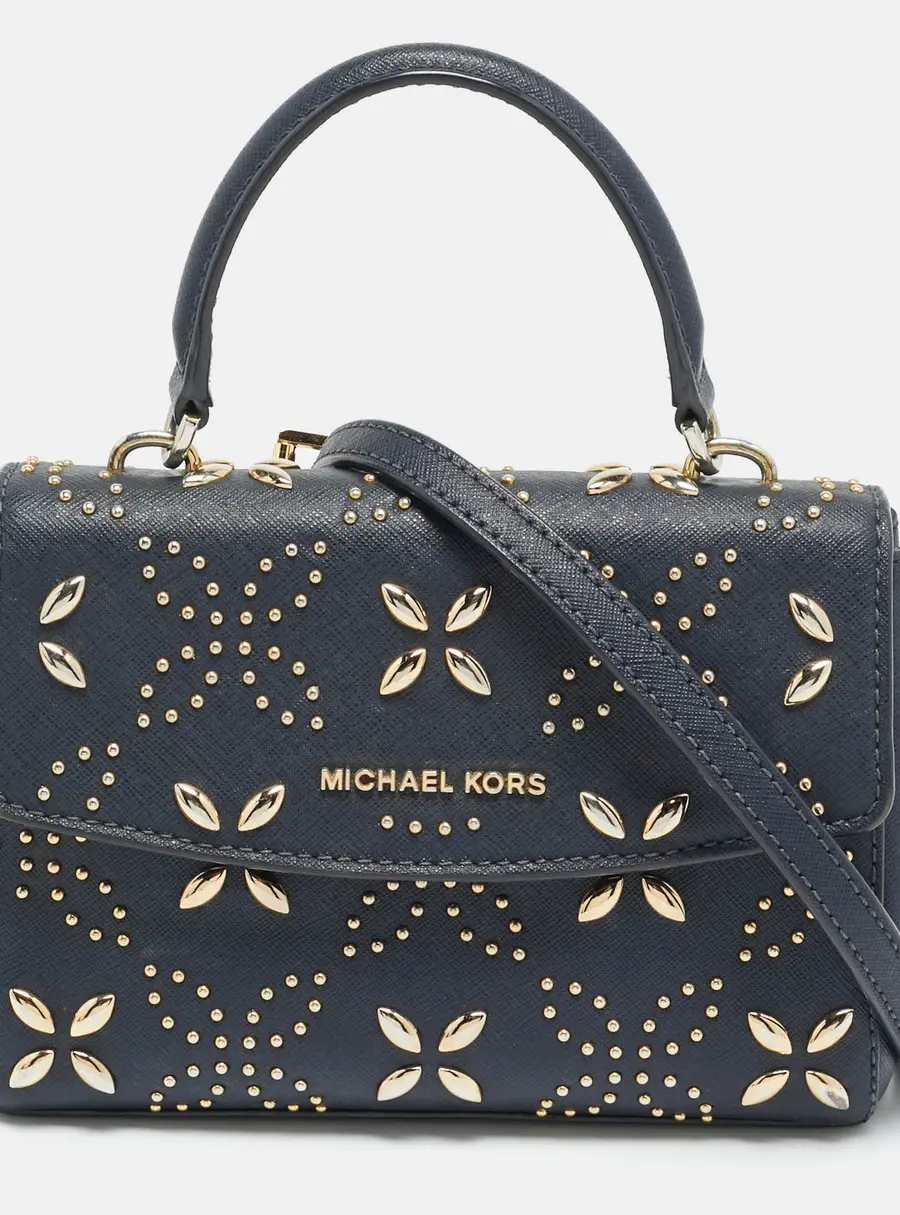 Michael Kors Studded Ava Extra Small Navy Blue Leather Top Handle Bag
