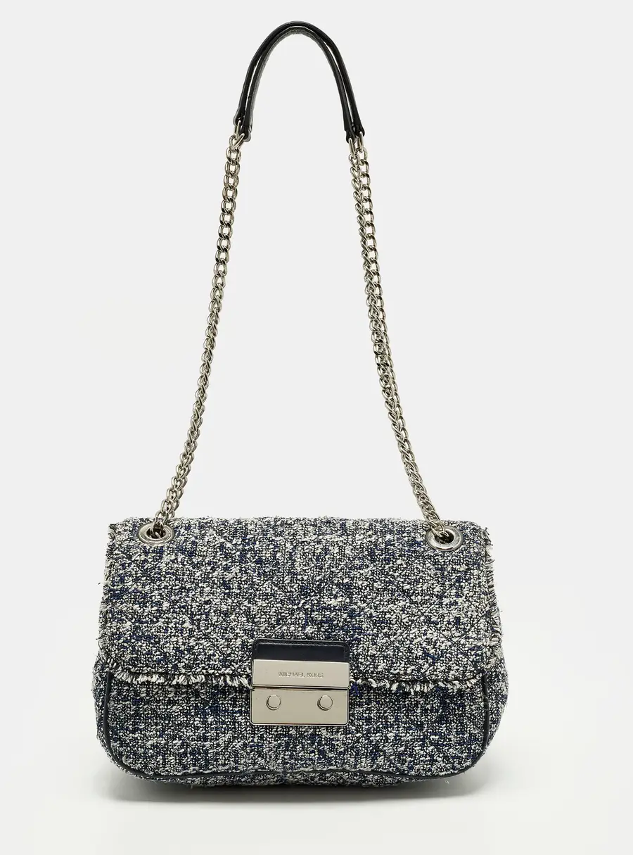Michael Kors Sloan Navy Blue Quilted Tweed Shoulder Bag