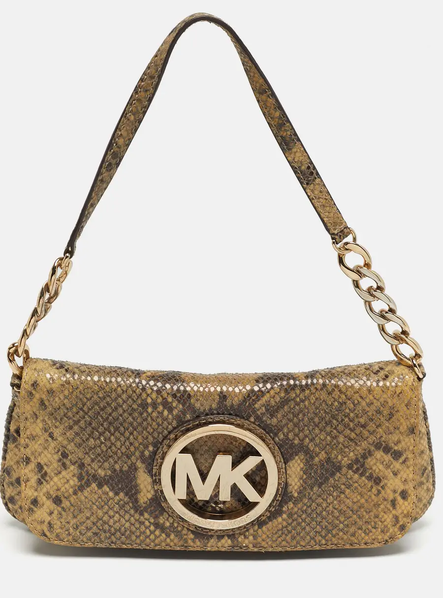Michael Kors Logo Flap Light Green Python Embossed Leather Chain Clutch