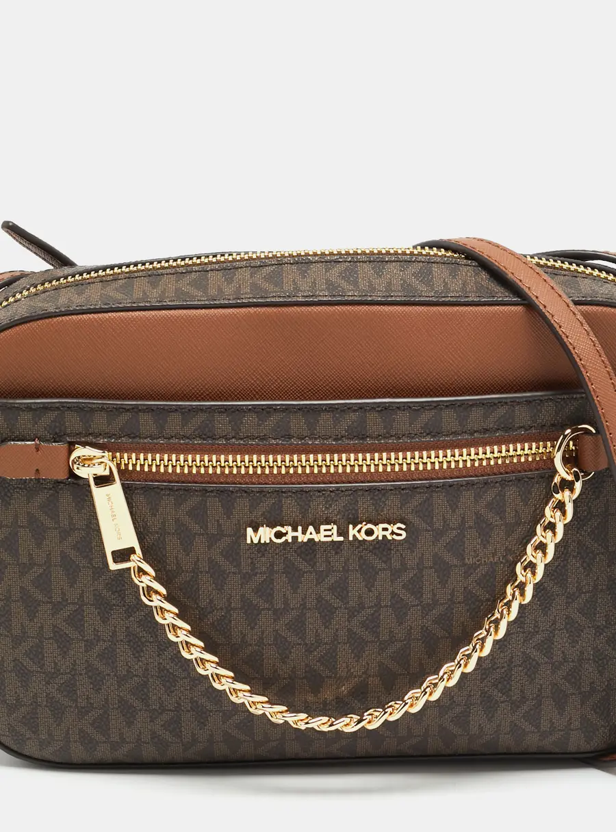Michael Kors Jet Set Brown Signature Coated Canvas and Leather Crossbody Bag