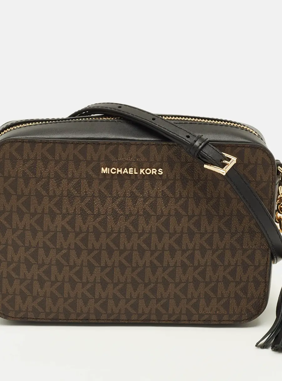 Michael Kors Jet Set Camera Tassel Brown/Black Signature Coated Canvas Crossbody Bag
