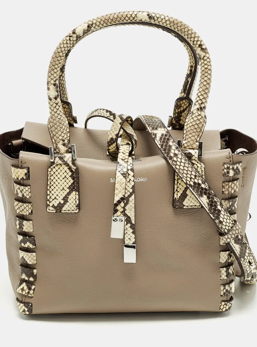 Michael Kors Miranda Mini Beige/Cream Leather and Python Trim Tote