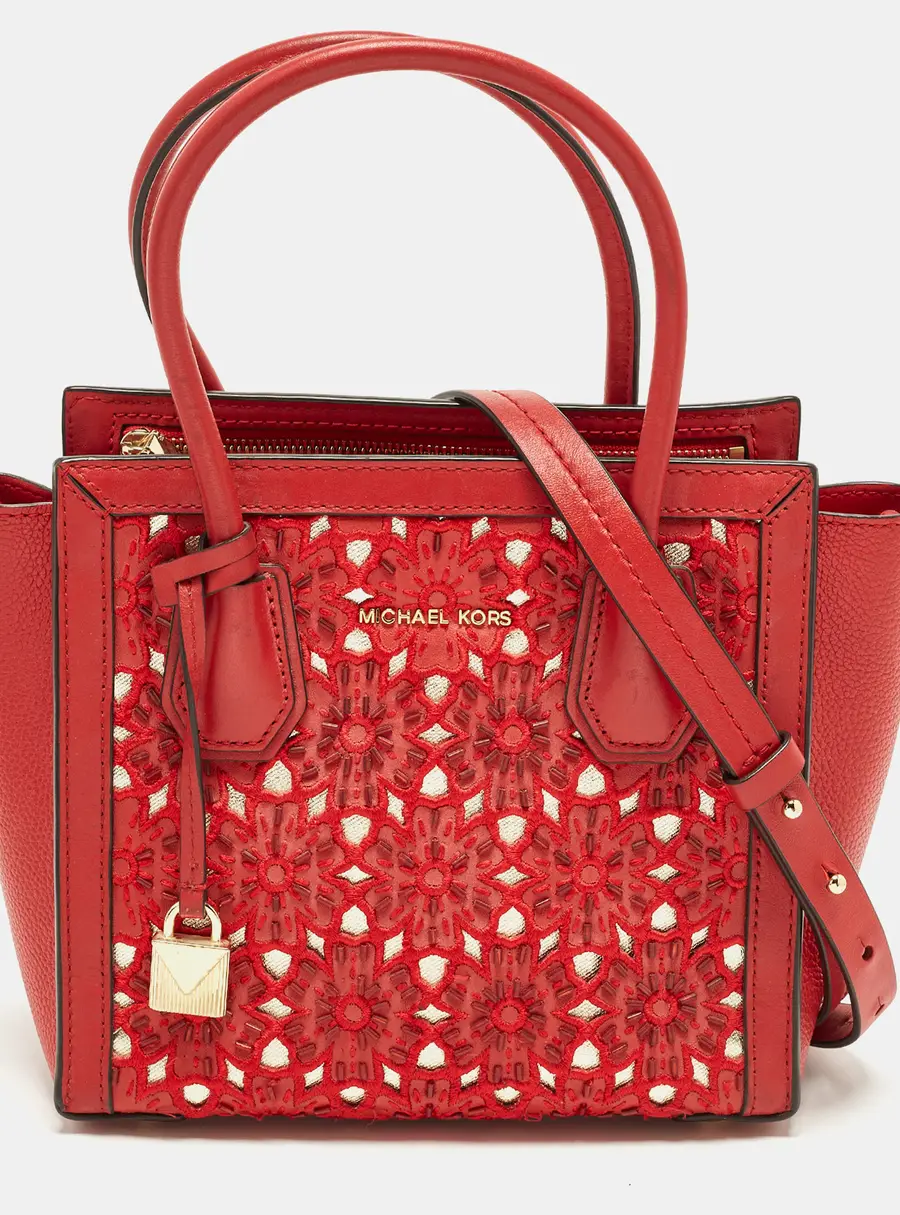 Michael Kors Mercer Studio Floral Cut Out Red Leather Tote