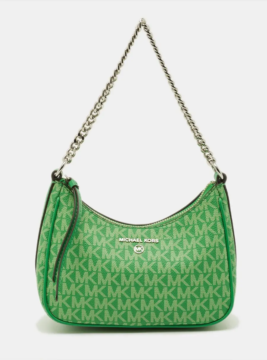 Michael Kors Jet Set Green Signature Coated Canvas Chain Pochette