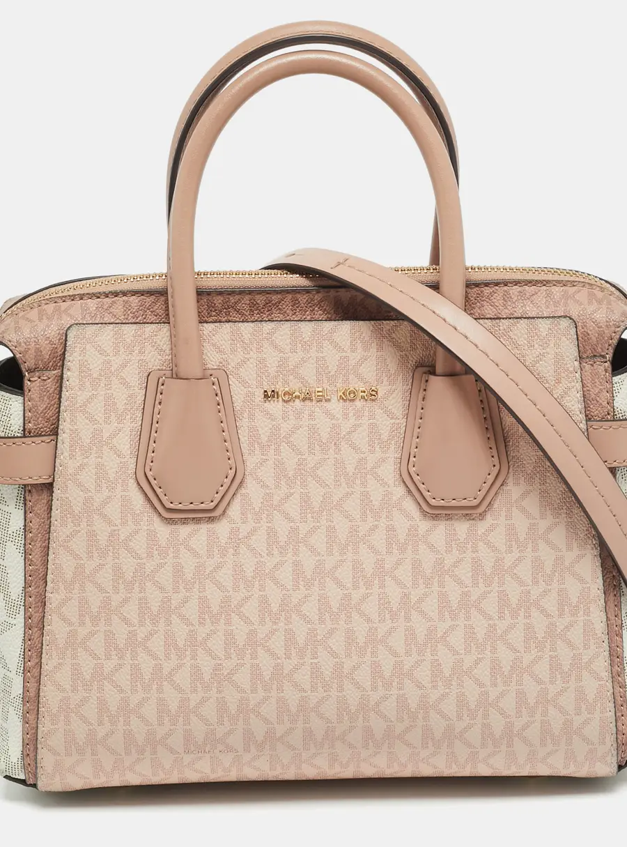 Michael Kors Belted Mercer Small Pink/White Signature Coated Canvas and Leather Satchel