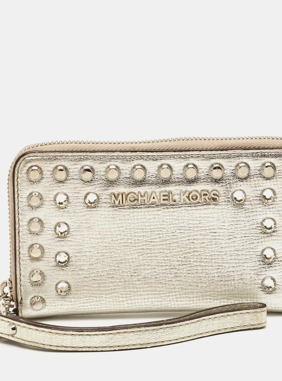 Michael Kors Studded Silver Leather Wristlet Wallet