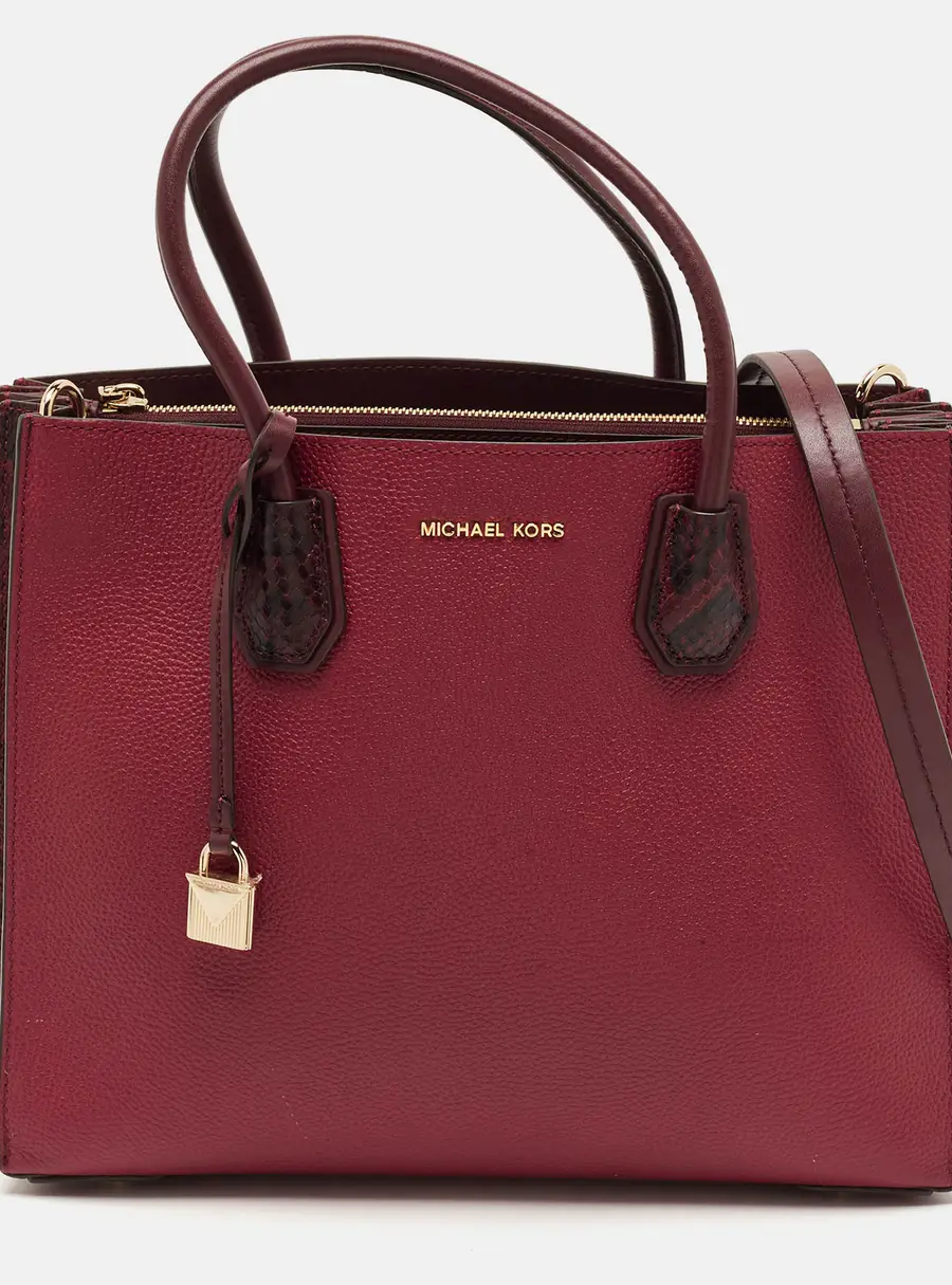 Michael Kors Mercer Burgundy Leather and Snakeskin Embossed Leather Tote