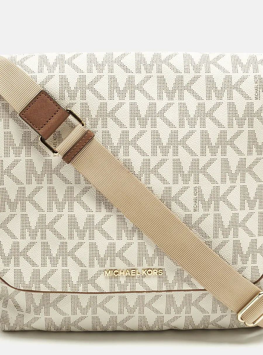 Michael Kors White/Brown Signature Coated Canvas and Leather Messenger Bag