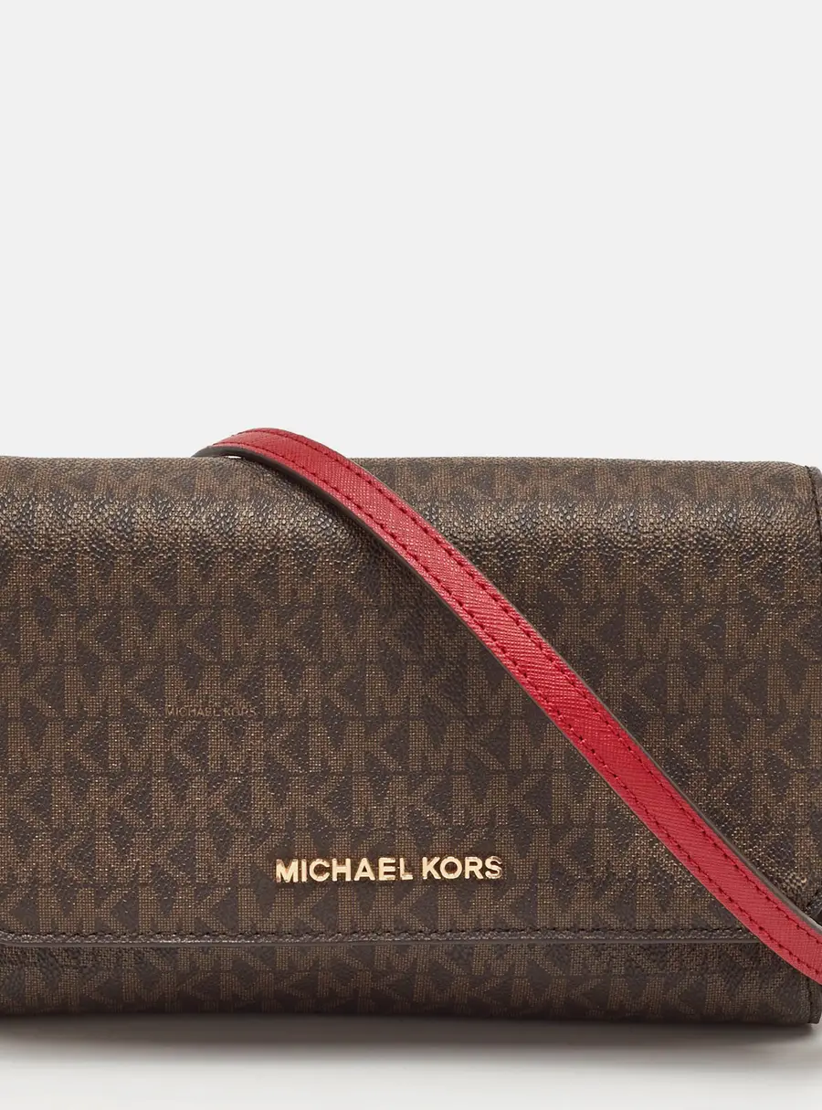 Michael Kors Jet Set Brown/Red Signature Coated Canvas and Leather Crossbody Bag