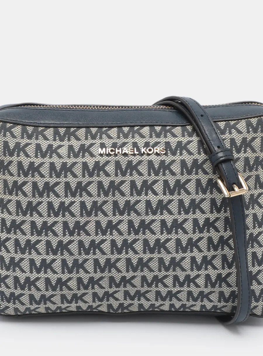 Michael Kors Jet Set Large Navy Blue Signature Canvas and Leather Crossbody Bag