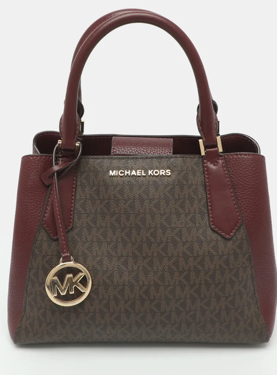 Michael Kors Kimberly Burgundy/Brown Signature Coated Canvas and Leather Satchel