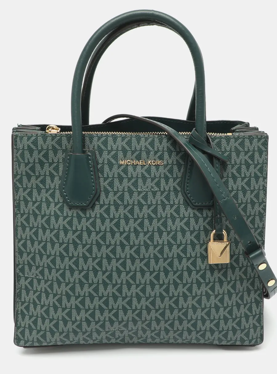Michael Kors Mercer Medium Green Signature Coated Canvas and Leather Accordion Tote