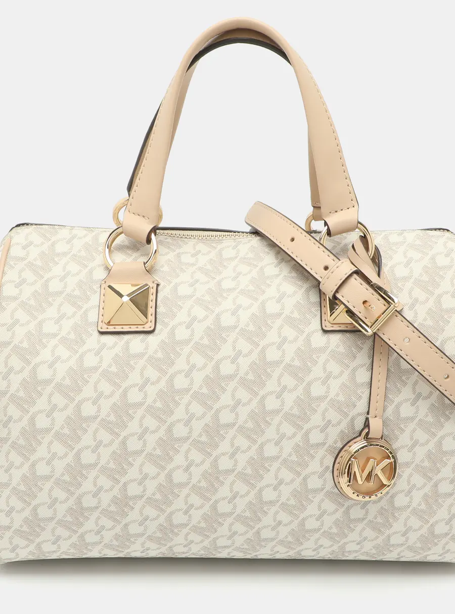 Michael Kors Grayson Medium Beige Signature Coated Canvas and Leather Satchel