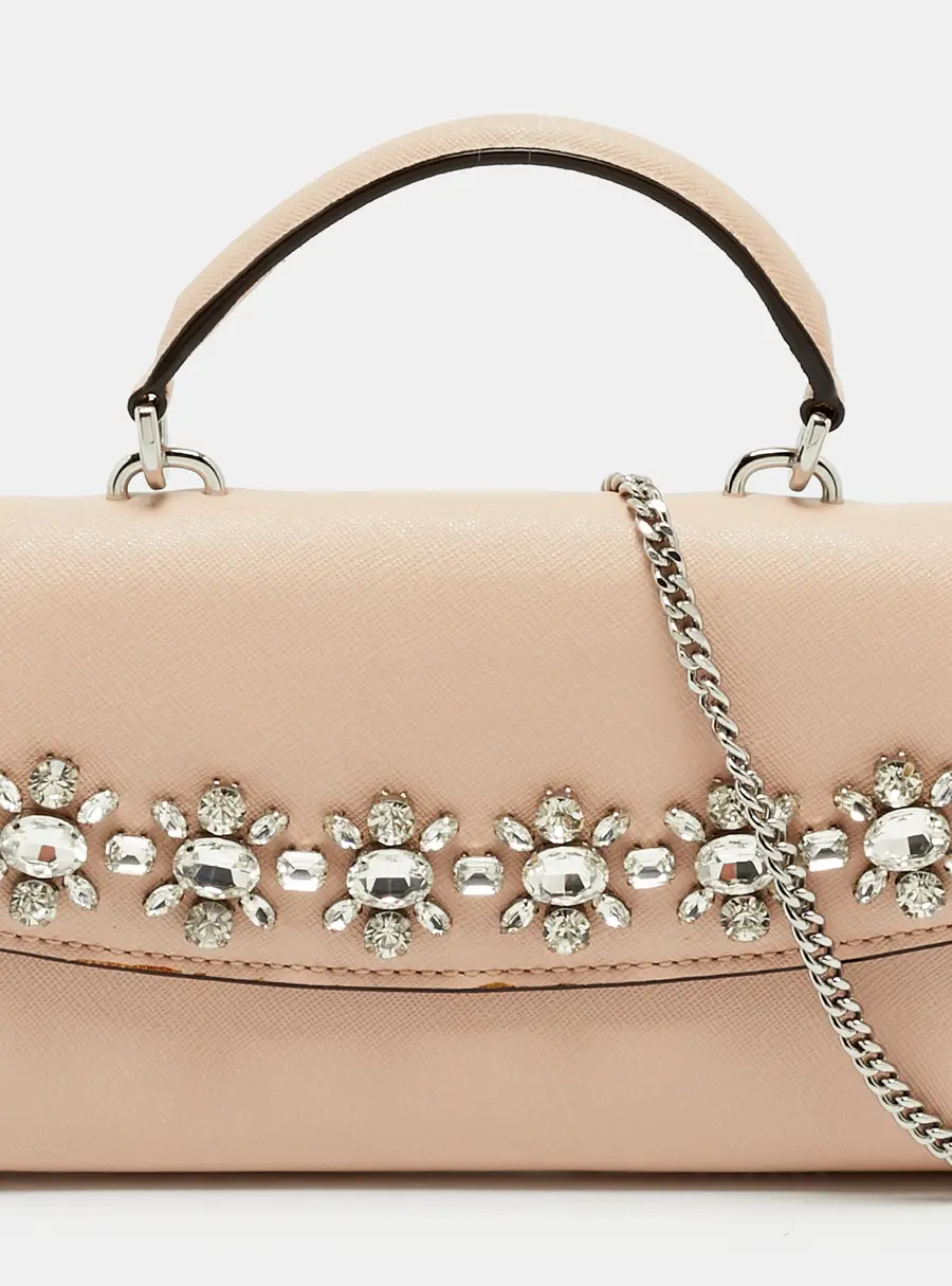 Michael Kors Ava Crystals Beige Leather Wallet On Chain