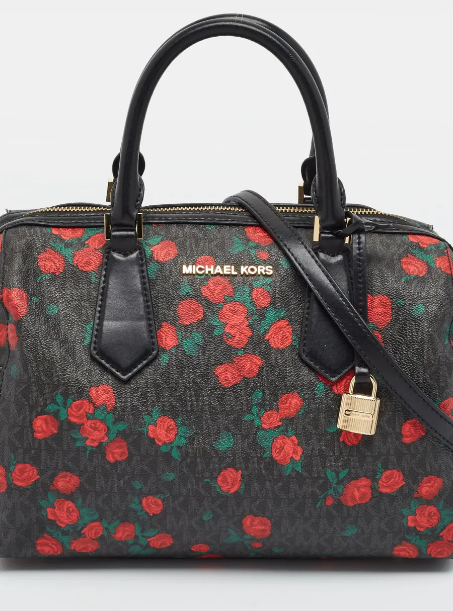Michael Kors Hayes Large Black Signature Rose Print Coated Canvas Duffel Bag