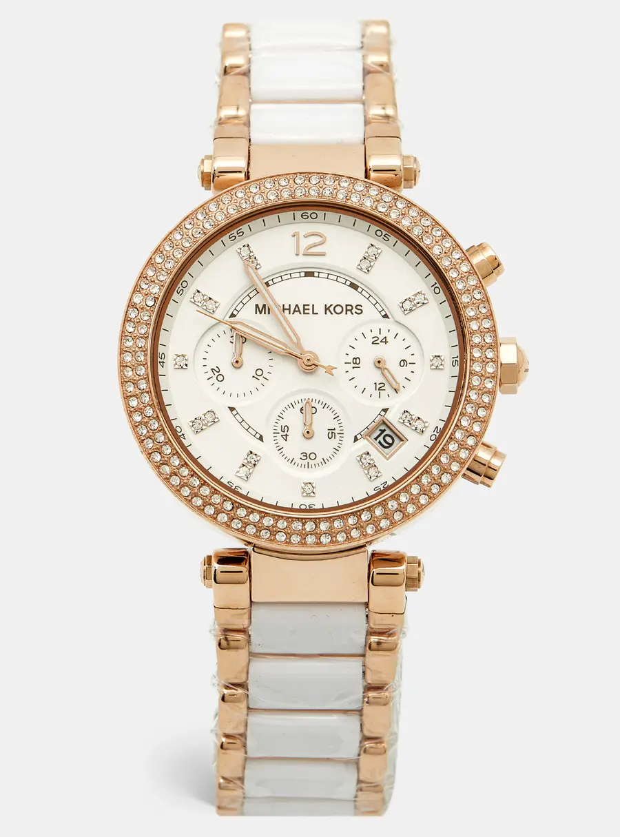 Michael Kors Parker Mk5774 White Dial Gold Tone Stainless Steel Acetate Women's Wristwatch 39 mm