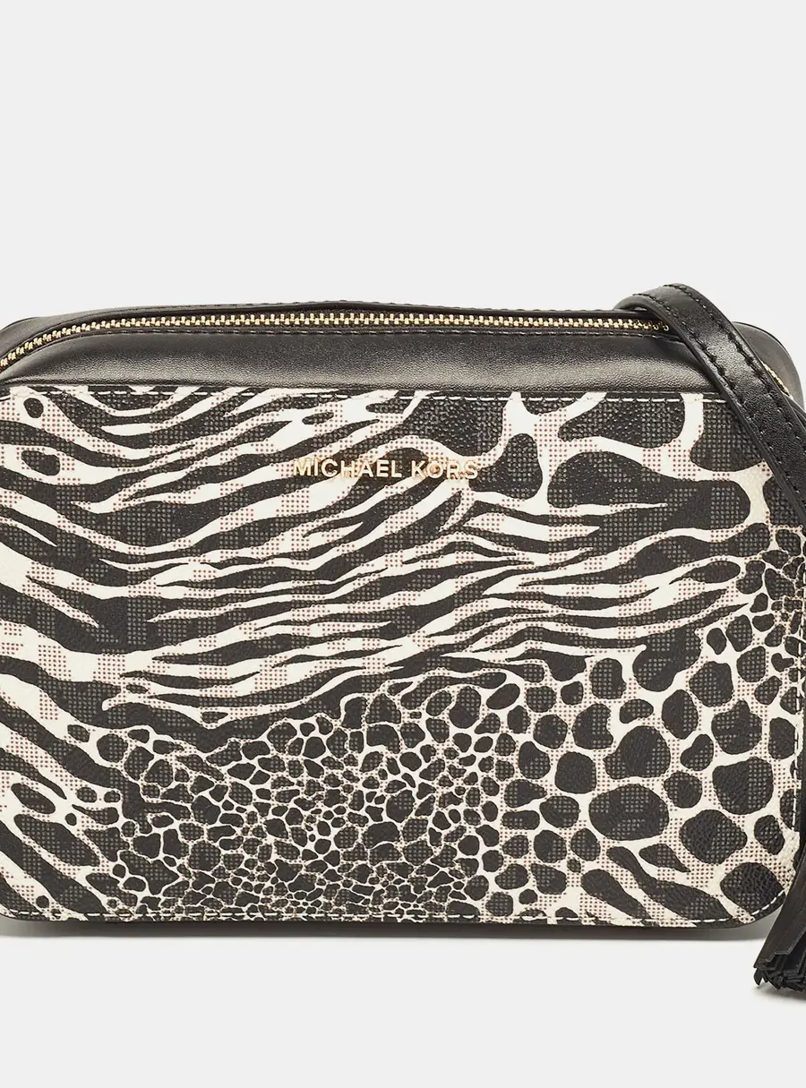 Michael Kors Black/White Printed Faux Leather Ginny Camera Crossbody Bag