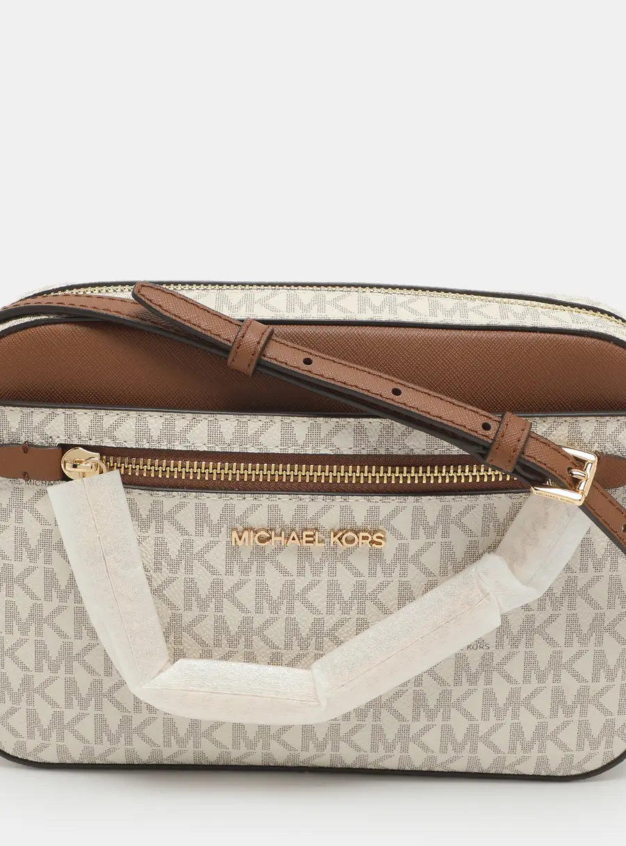 Michael Kors Jet Set EW Large White/Brown Signature Canvas and Leather Crossbody Bag