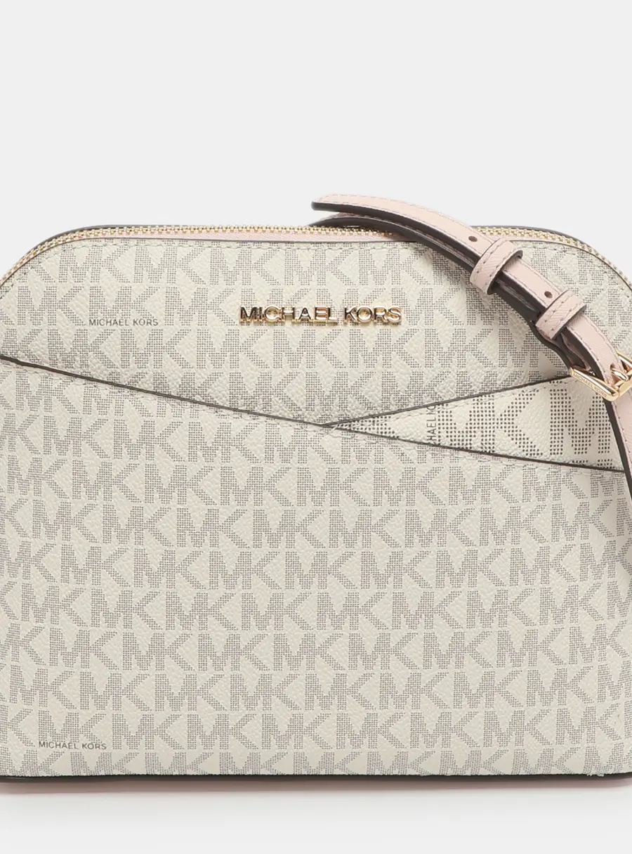 Michael Kors Jet Set Travel Medium White/Blush Pink Signature Coated Canvas Crossbody Bag