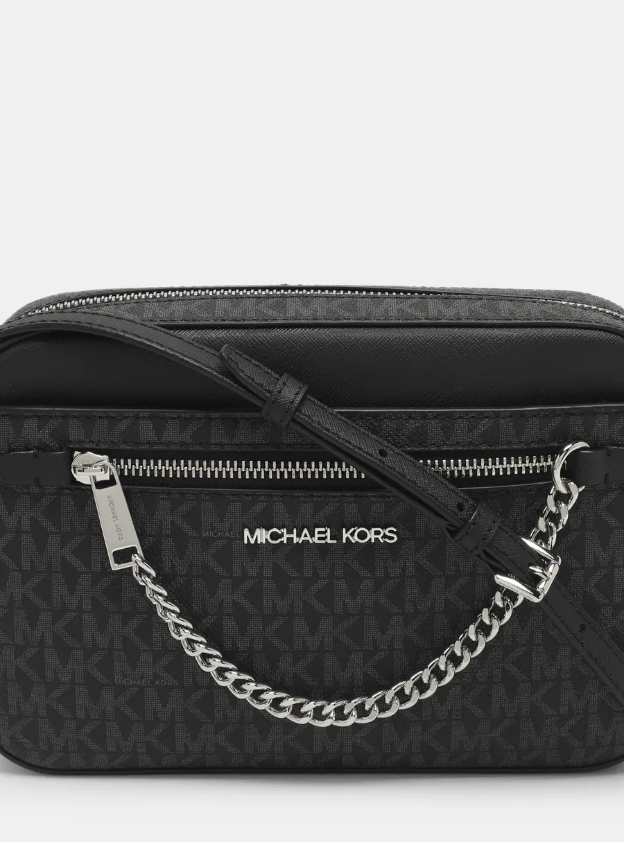 Michael Kors Jet Set EW Large Black Signature Canvas and Leather Crossbody Bag