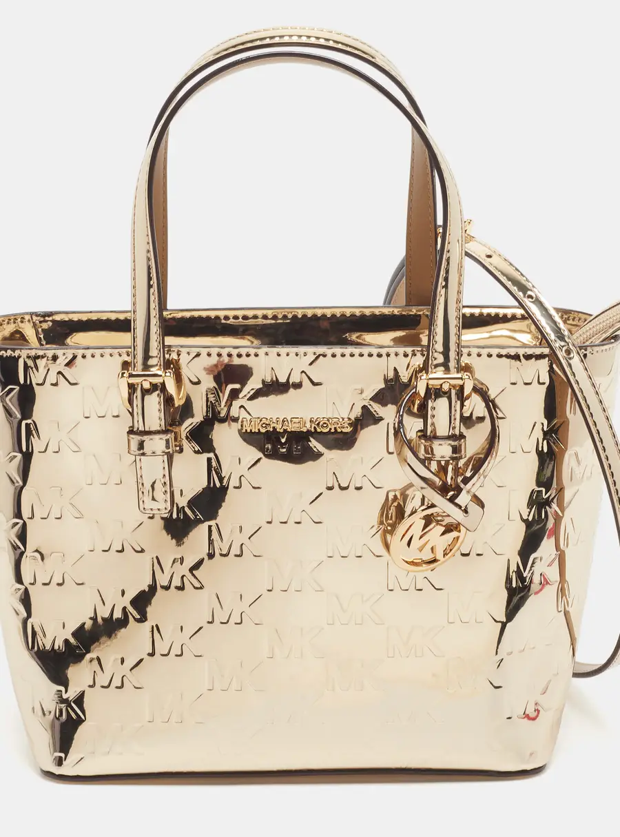 Michael Kors Jet Set Travel Extra Small Gold Signature Embossed Patent Leather Tote