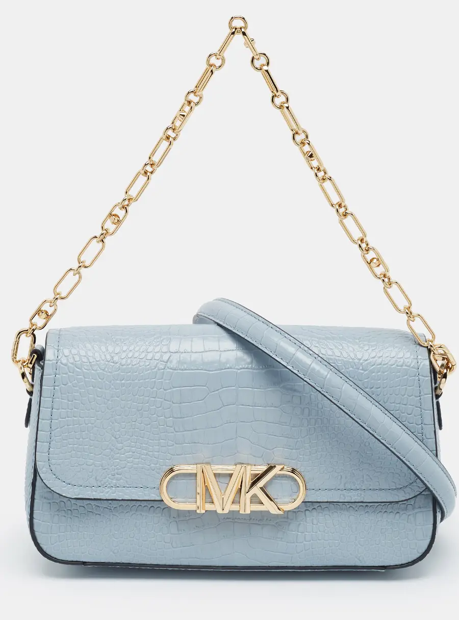 Michael Kors Parker Medium Pale Blue Croc Embossed Leather Shoulder Bag