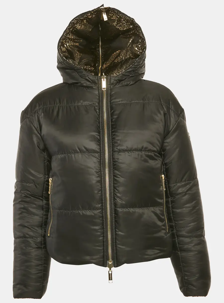 MICHAEL Michael Kors Black/Gold Metallic Logo Ciré Reversible Puffer Jacket XS