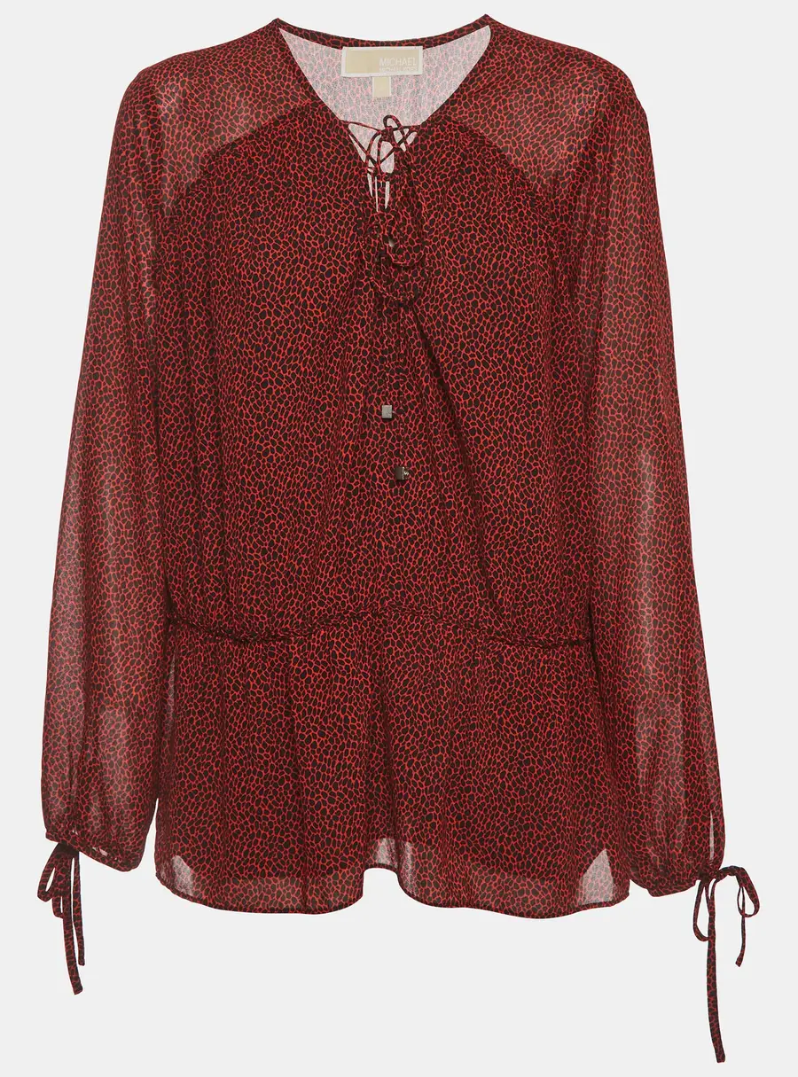 Michael by Michael Kors Red Printed Crepe Long Sleeve Peplum Top L