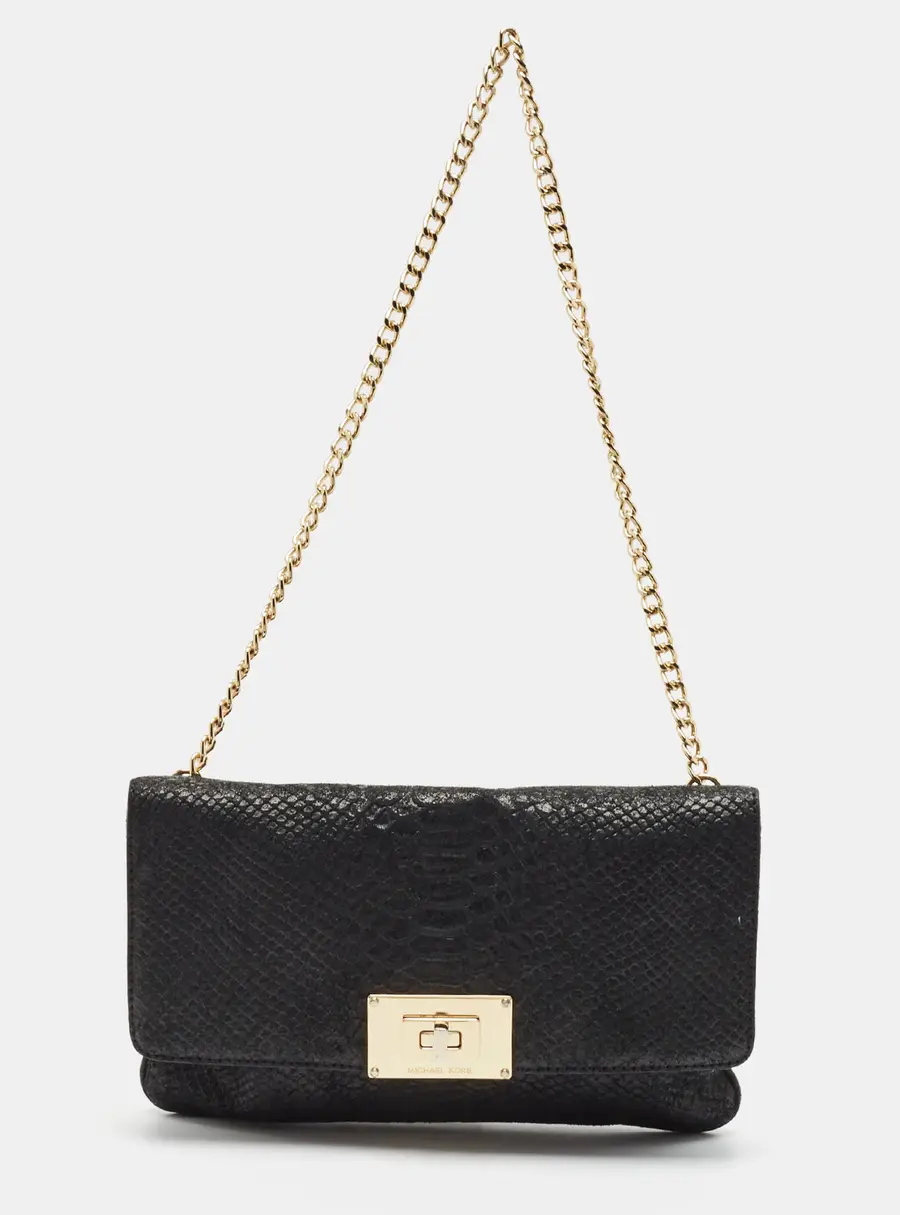 MICHAEL Michael Kors Turnlock Black Python Embossed Leather Shoulder Bags
