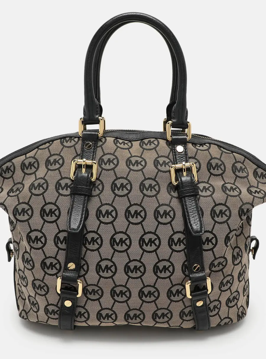 MICHAEL Michael Kors Beige/Black Monogram Canvas and Leather Bedford Satchel