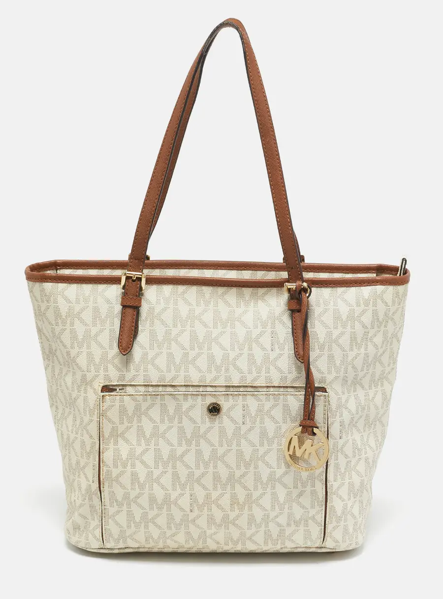 MICHAEL Michael Kors Off White Signature Coated Canvas  Jet Set Snap Pocket Tote