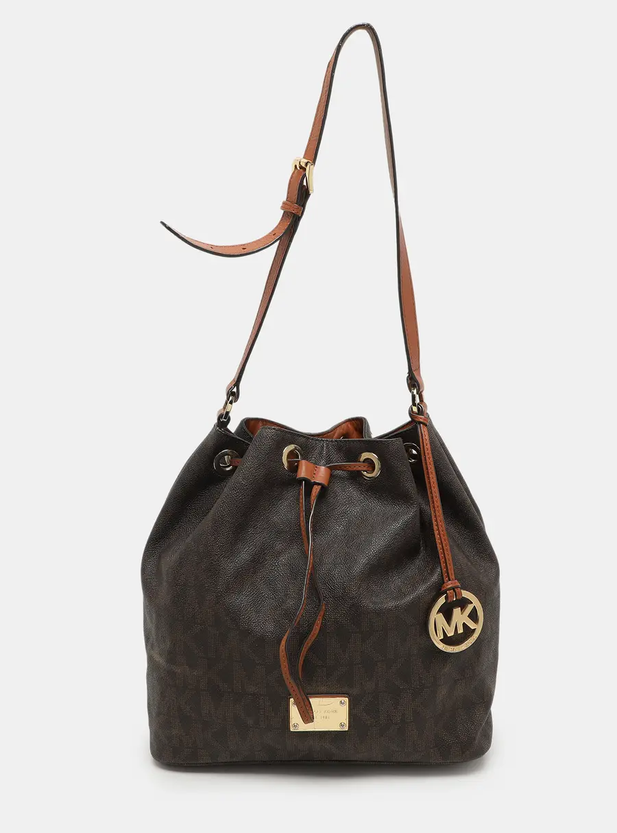 MICHAEL Michael Kors Dark Brown Signature Coated Canvas and Leather Frankie Drawstring Bucket Bag