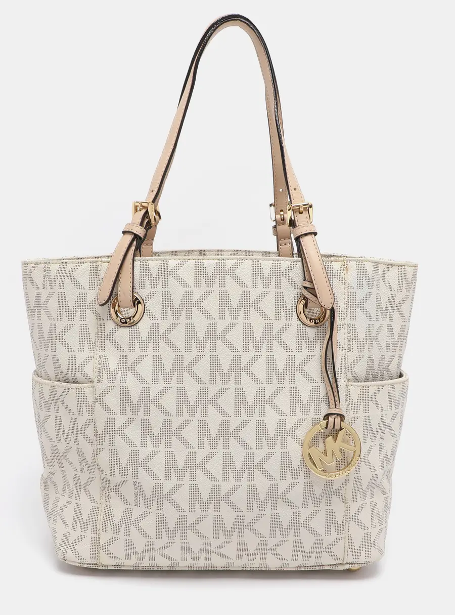 MICHAEL Michael Kors Off White/Beige Signature Coated Canvas and Leather Jet Set East West Tote