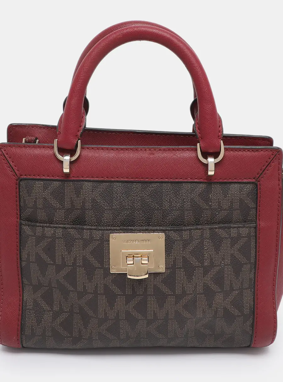 MICHAEL Michael Kors Brown/Red Signature Coated Canvas and Leather Tina Satchel