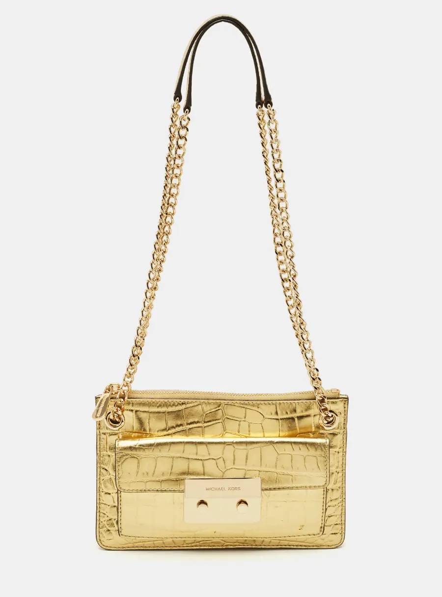 MICHAEL Michael Kors Flat Sloan Gold Croc Embossed Leather Shoulder Bag